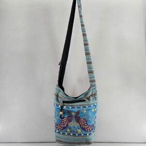 Tribe Azure Blue Peacock Embroidered Crossbody Shoulder Bag Handmade Fair Trade